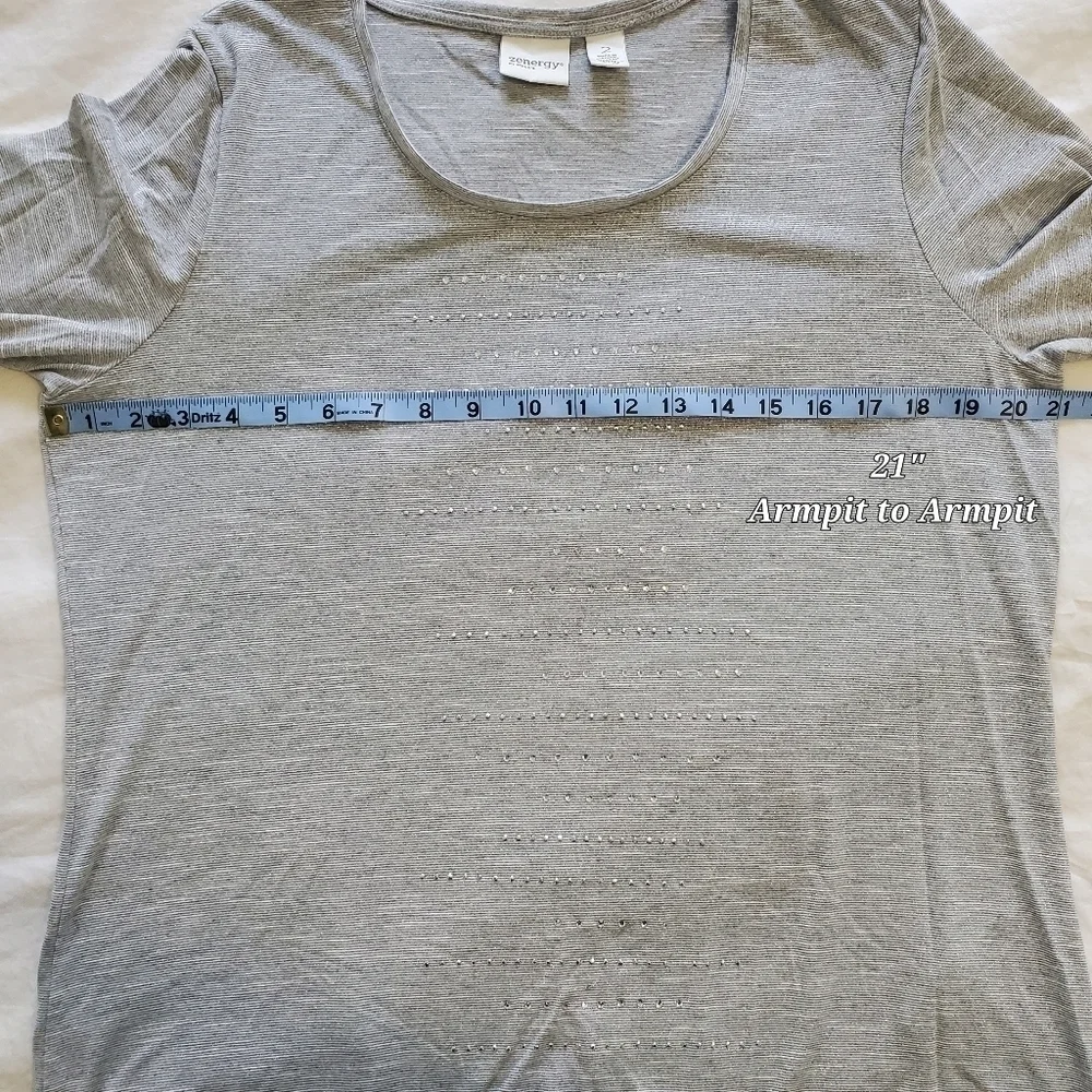 ZENERGY Chicos Gray Sparkle Rhinestone Metallic Top Blouse Womens 2 Large FLAW - Picture 10 of 15